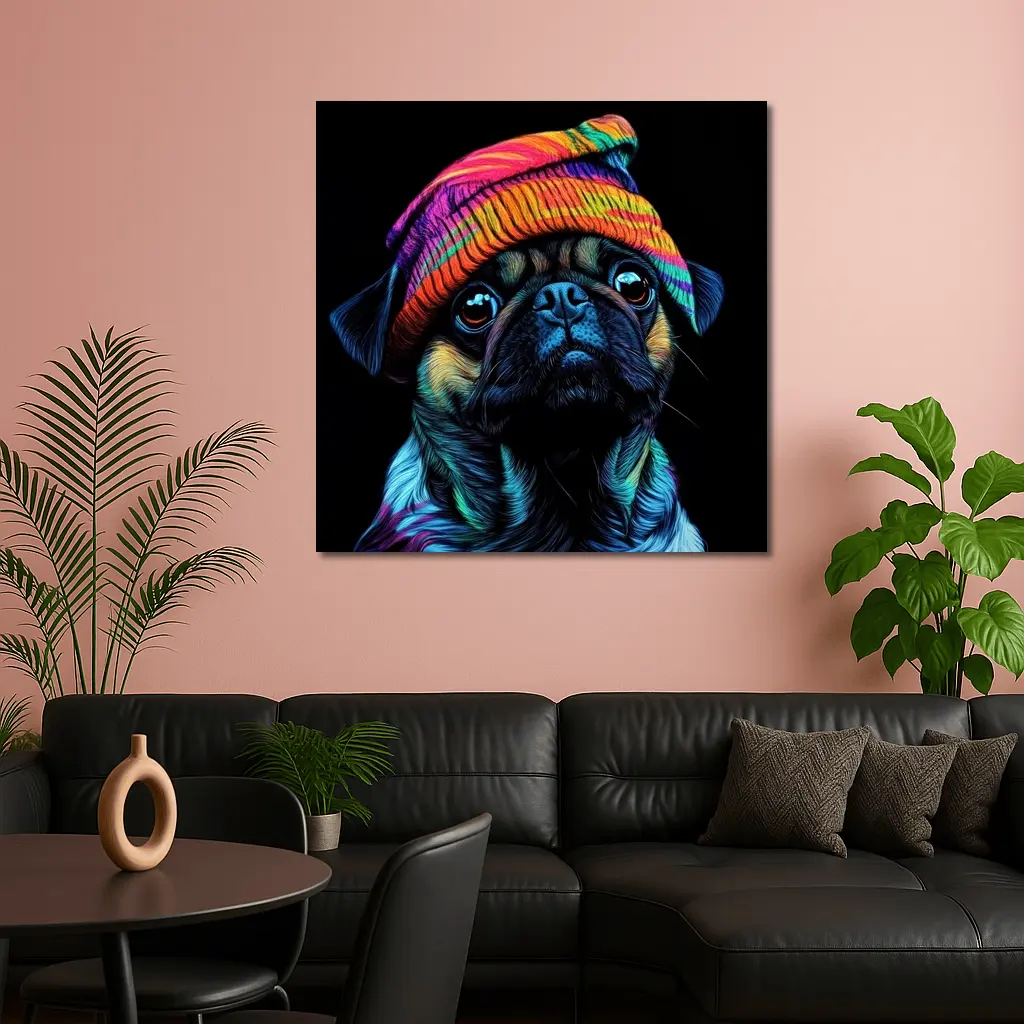 Colorful Pug Dog Wearing Rainbow Beanie Hat – Wall Art
