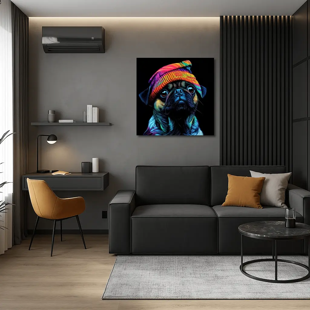 Colorful Pug Dog Wearing Rainbow Beanie Hat – Wall Art