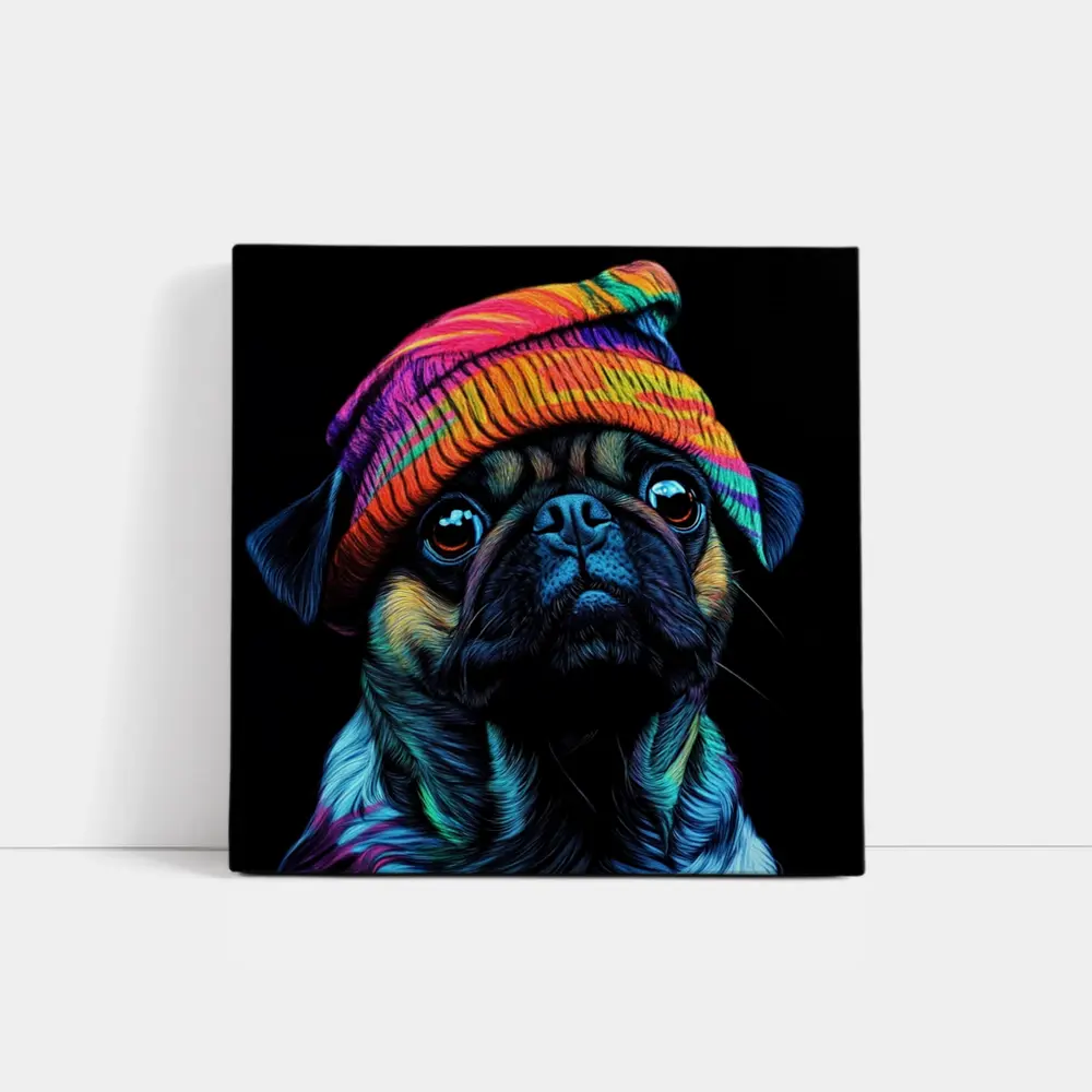 Colorful Pug Dog Wearing Rainbow Beanie Hat – Wall Art