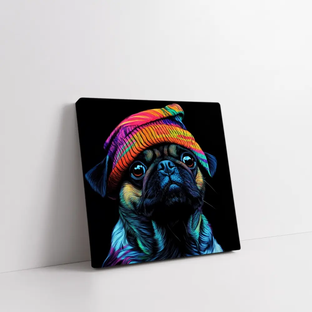 Colorful Pug Dog Wearing Rainbow Beanie Hat – Wall Art