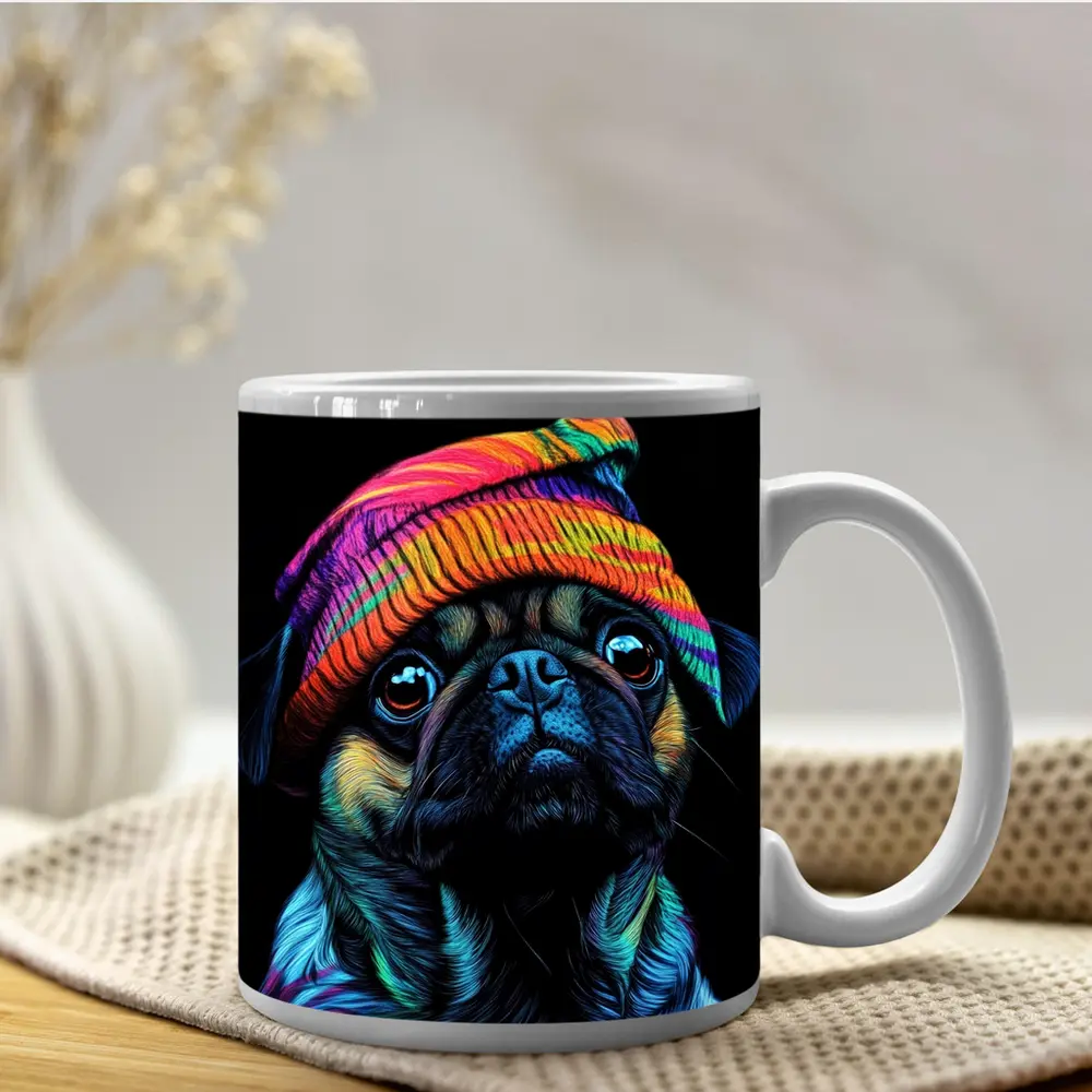 Colorful Pug Dog Wearing Rainbow Beanie Hat – Mugs