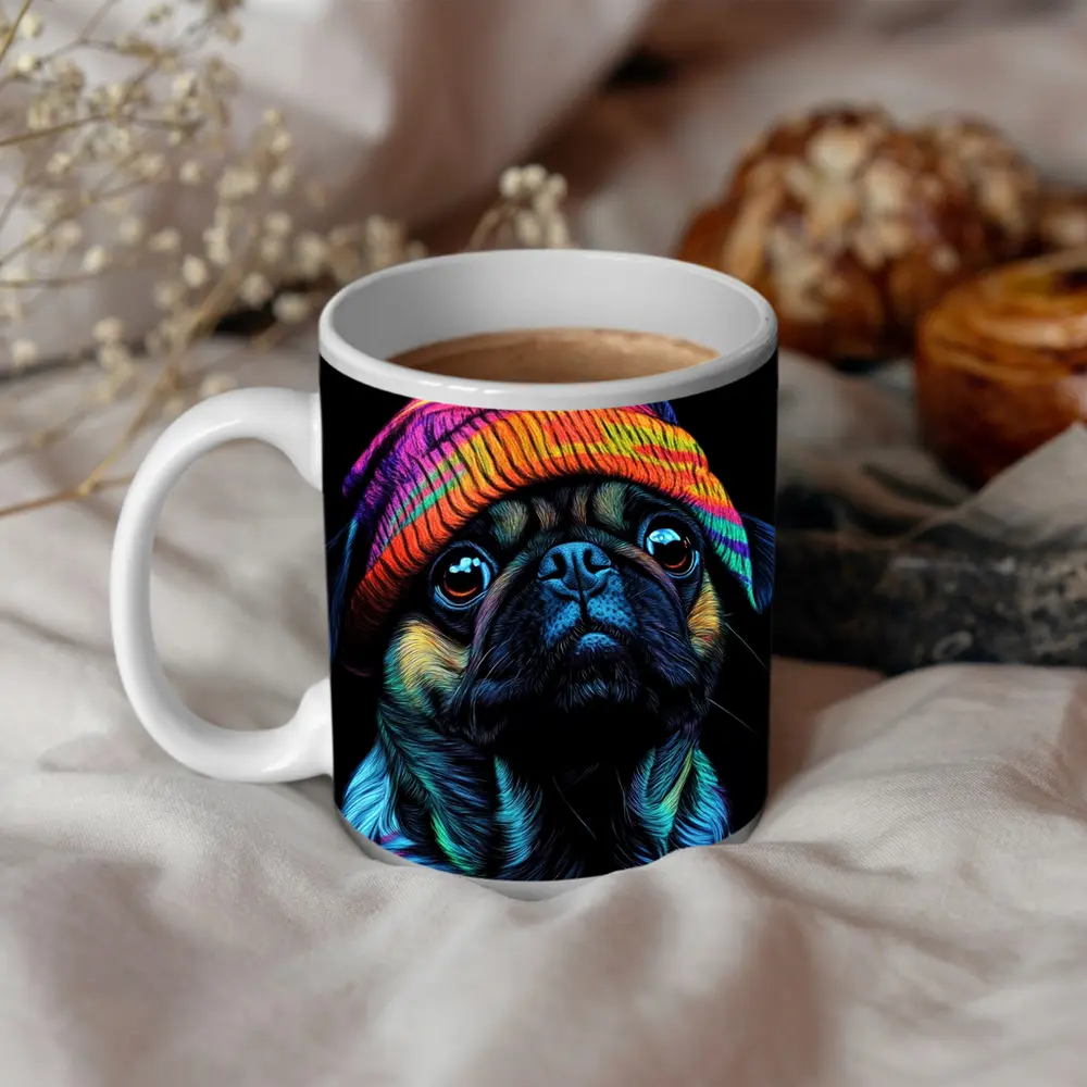 Colorful Pug Dog Wearing Rainbow Beanie Hat – Mugs