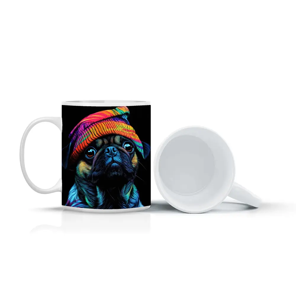 Colorful Pug Dog Wearing Rainbow Beanie Hat – Mugs