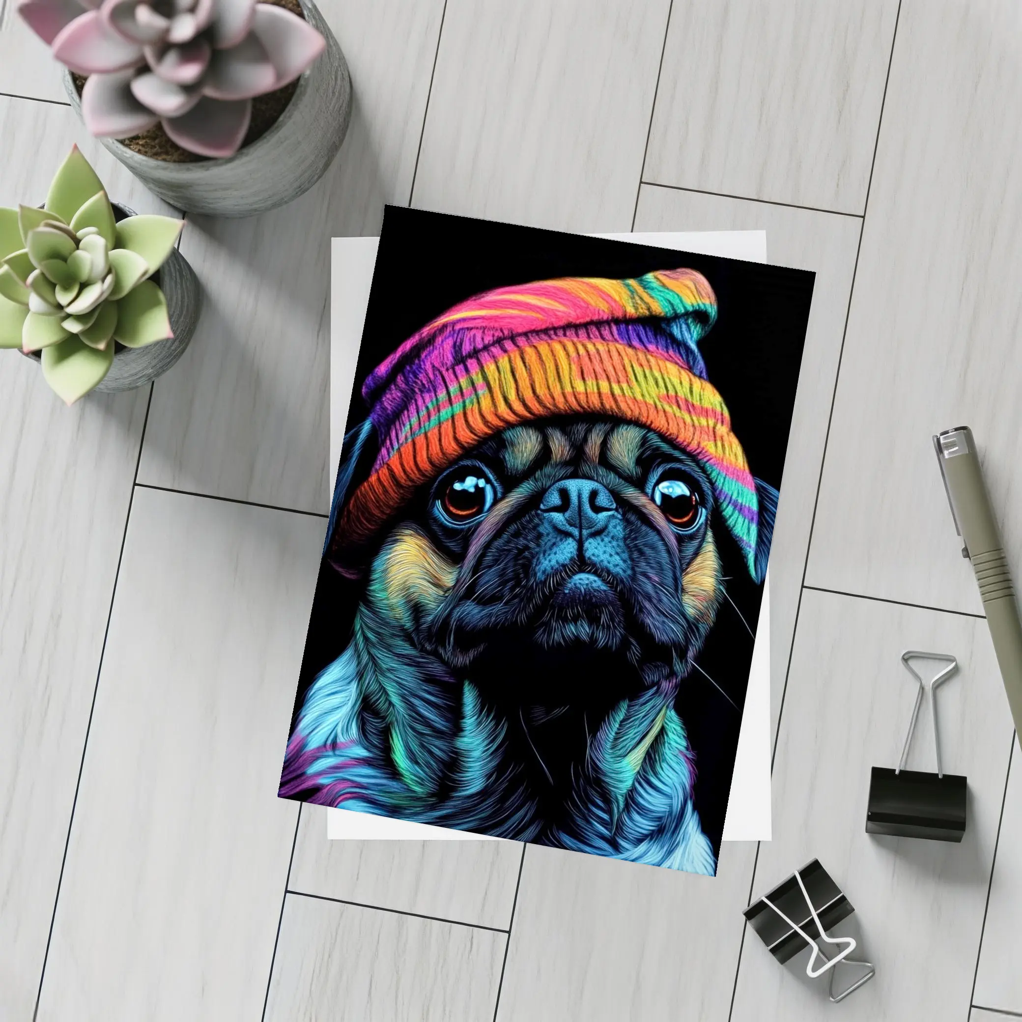 Colorful Pug Dog Wearing Rainbow Beanie Hat – Postcards