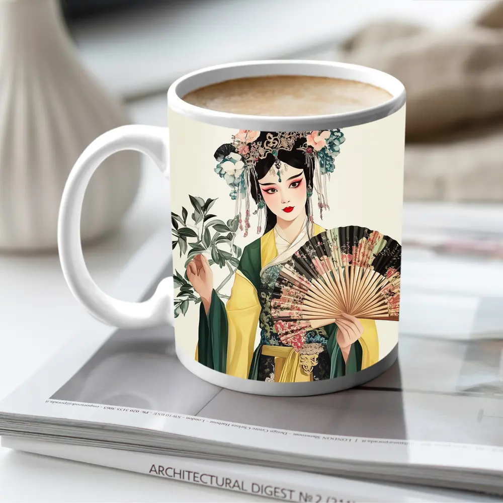 Chinese Opera Performer With Fan Illustration – Mugs