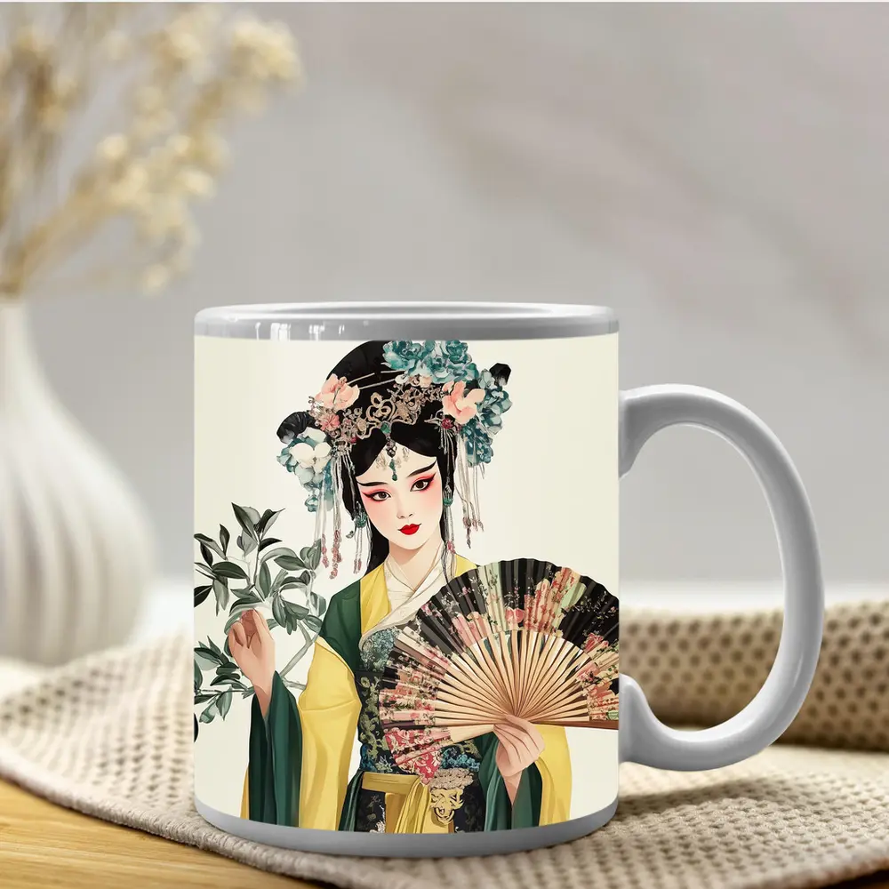 Chinese Opera Performer With Fan Illustration – Mugs