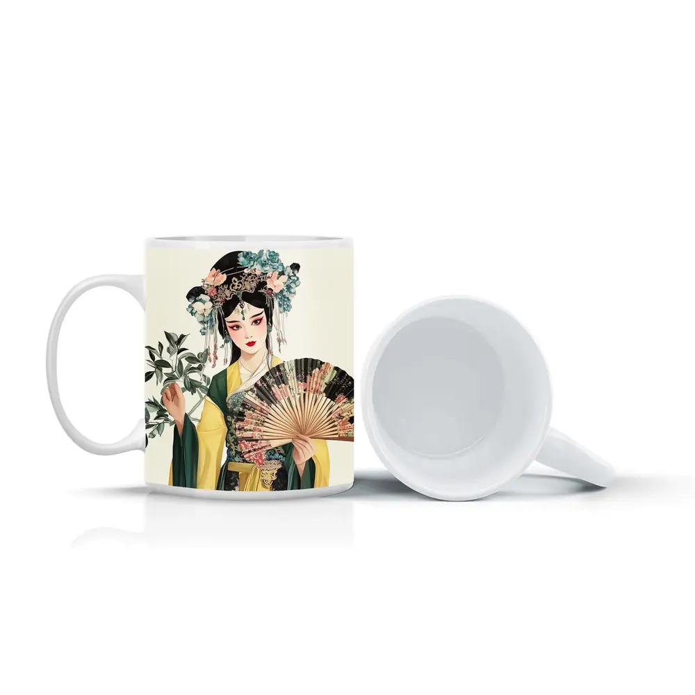 Chinese Opera Performer With Fan Illustration – Mugs
