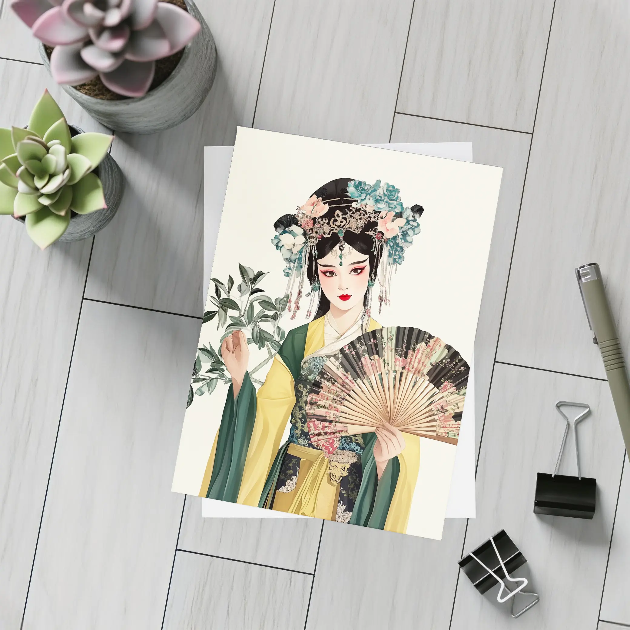 Chinese Opera Performer With Fan Illustration – Postcards