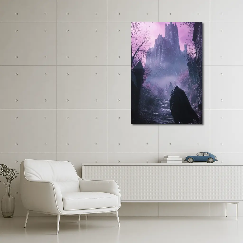 Dark Knight Approaching Gothic Castle Purple Mist – Wall Art