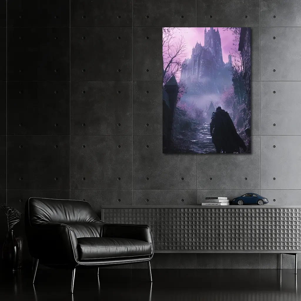Dark Knight Approaching Gothic Castle Purple Mist – Wall Art