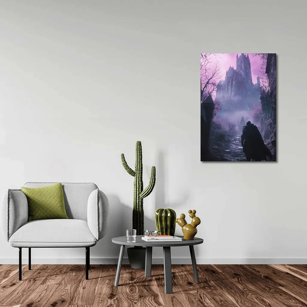 Dark Knight Approaching Gothic Castle Purple Mist – Wall Art