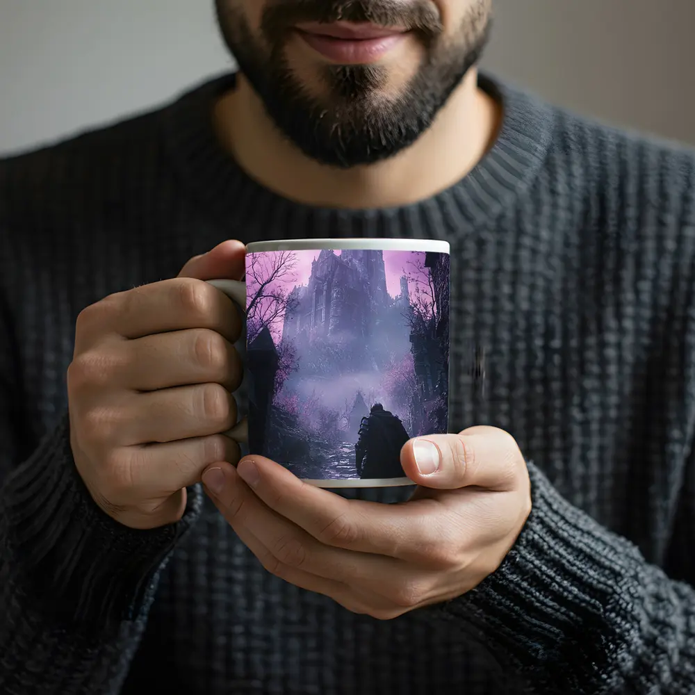 Dark Knight Approaching Gothic Castle Purple Mist – Mugs