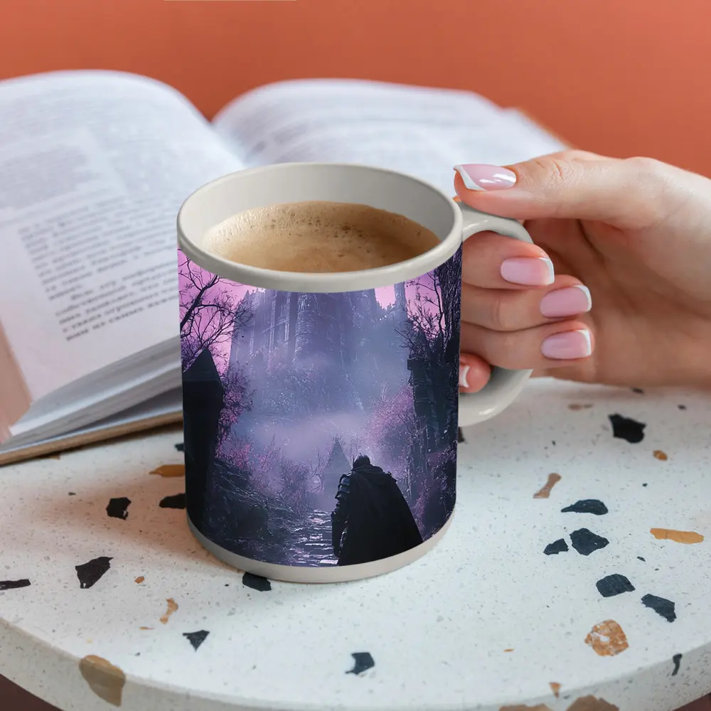 Dark Knight Approaching Gothic Castle Purple Mist – Mugs