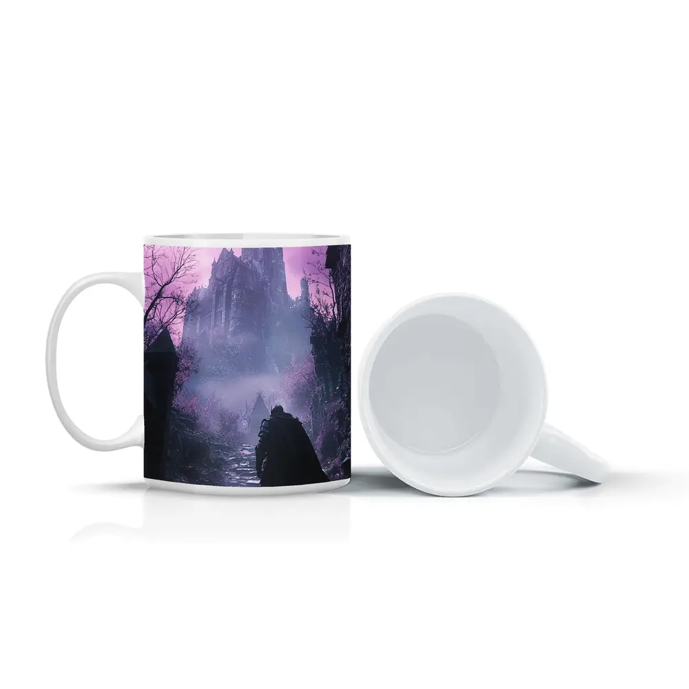 Dark Knight Approaching Gothic Castle Purple Mist – Mugs