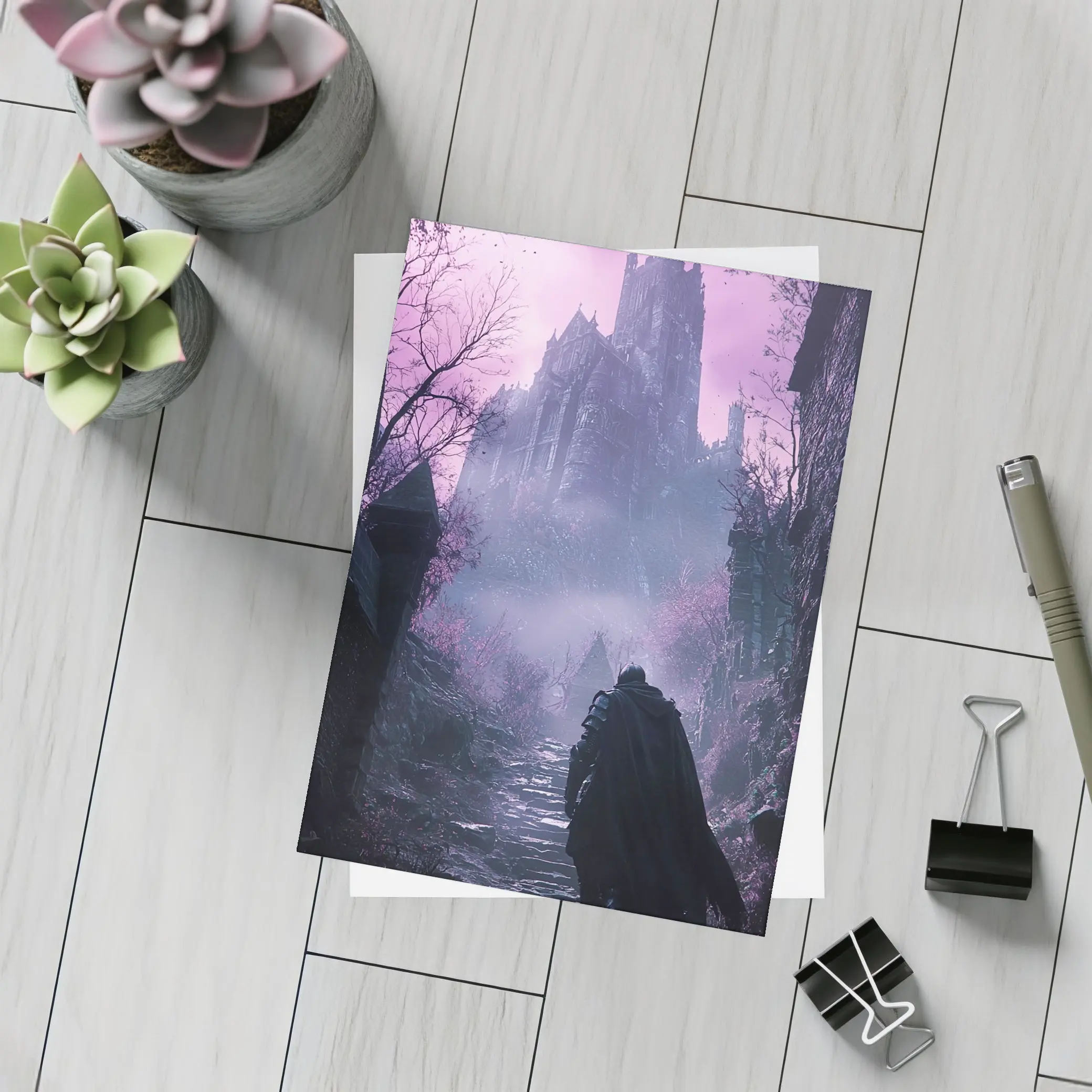 Dark Knight Approaching Gothic Castle Purple Mist – Postcards