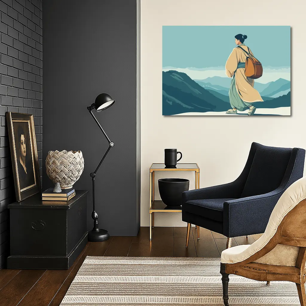 Japanese Woman Robes Walking Mountain Landscape – Wall Art