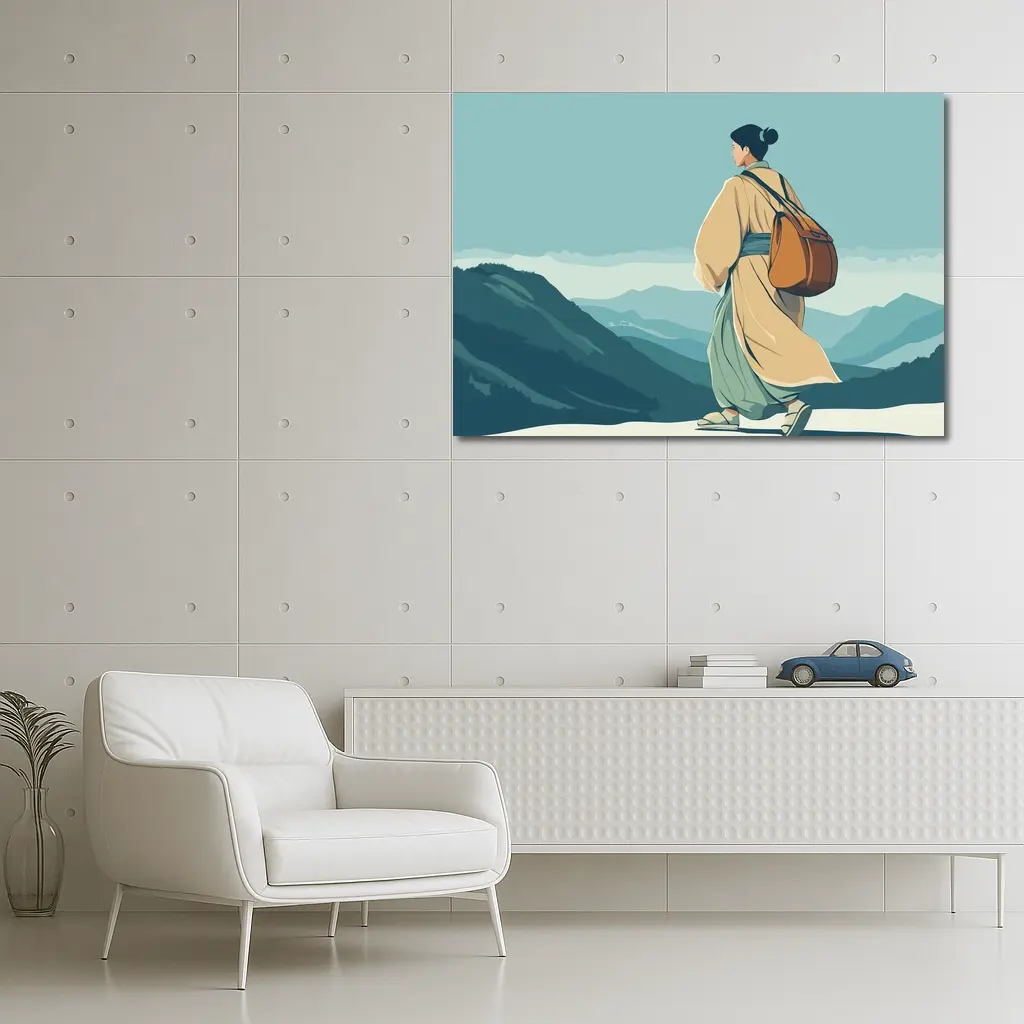 Japanese Woman Robes Walking Mountain Landscape – Wall Art