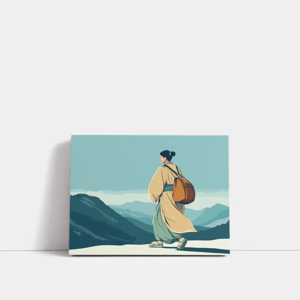 Japanese Woman Robes Walking Mountain Landscape – Wall Art