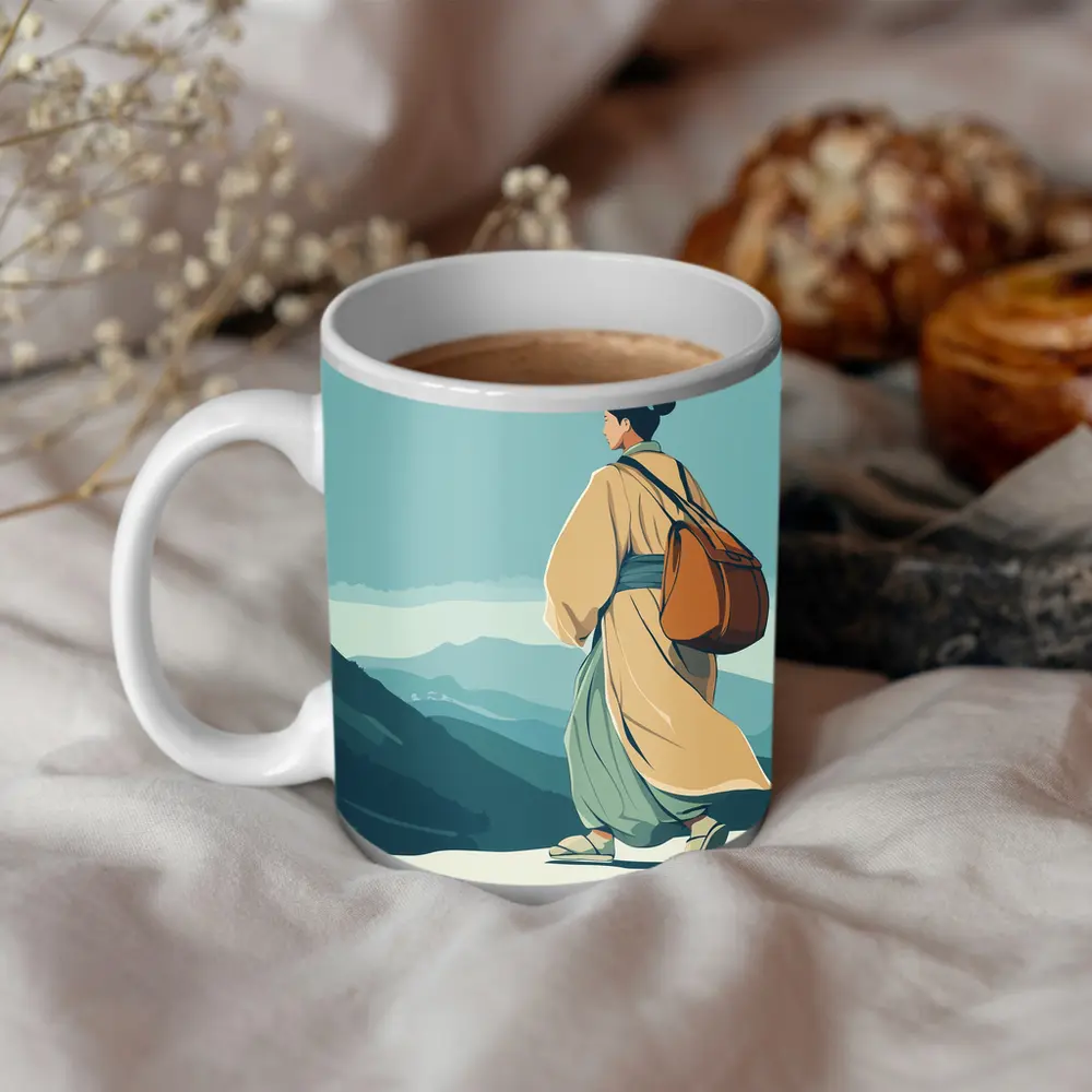 Japanese Woman Robes Walking Mountain Landscape – Mugs