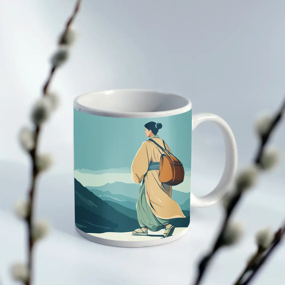 Japanese Woman Robes Walking Mountain Landscape – Mugs