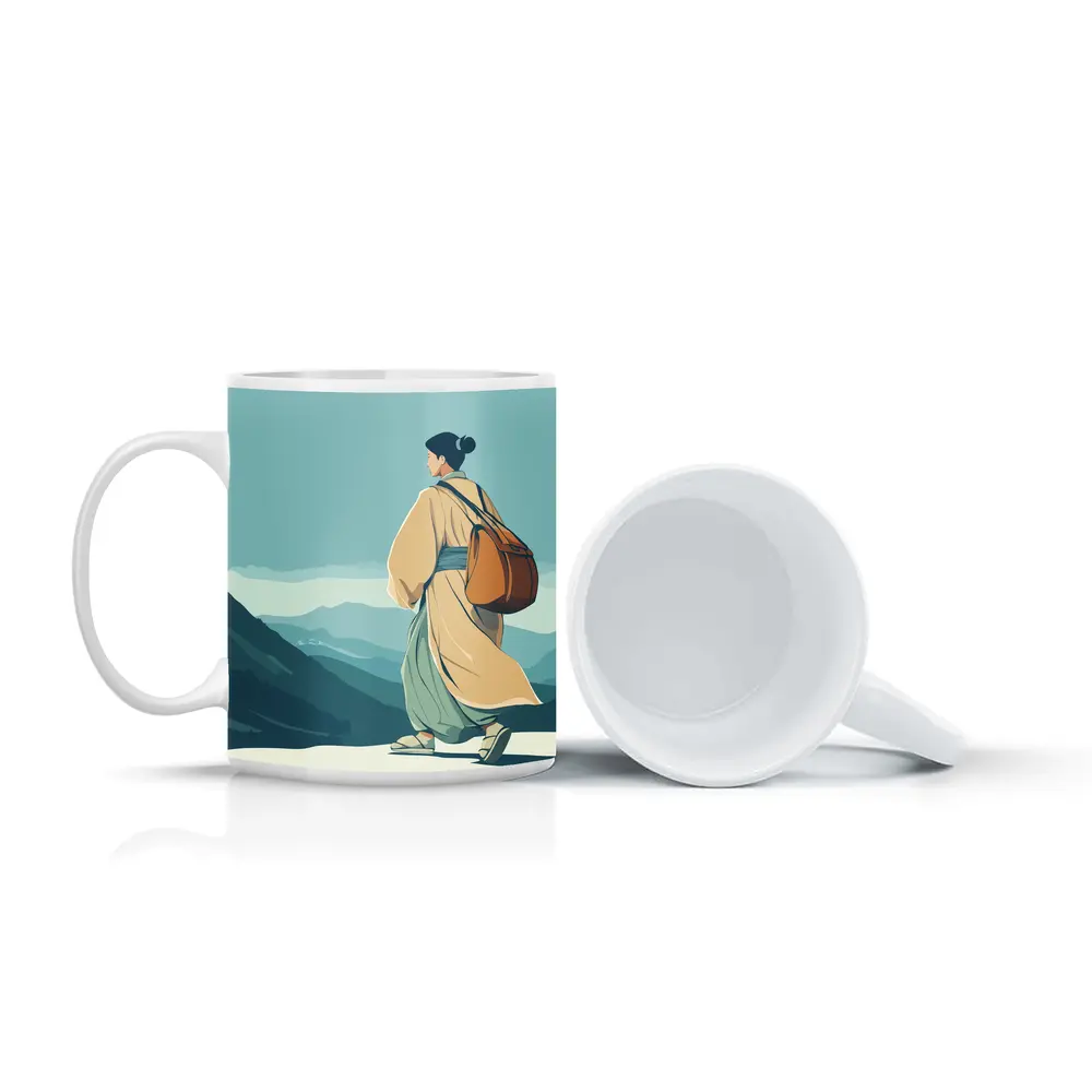 Japanese Woman Robes Walking Mountain Landscape – Mugs