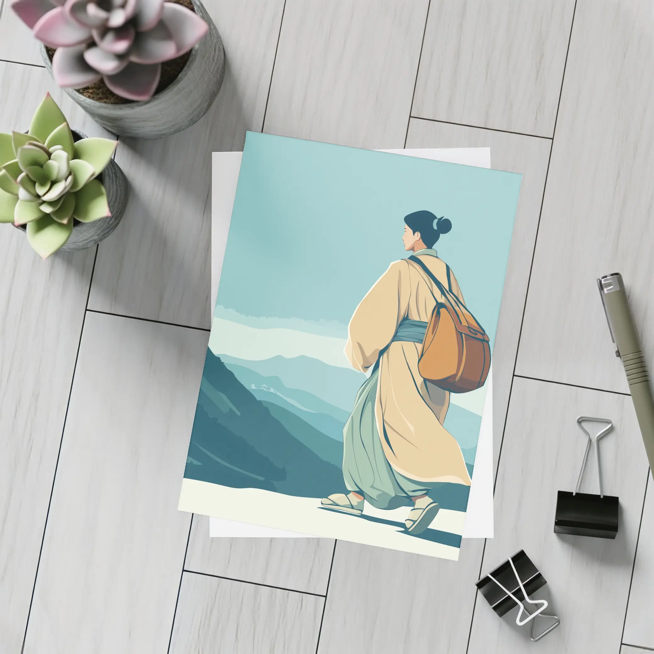 Japanese Woman Robes Walking Mountain Landscape – Postcards