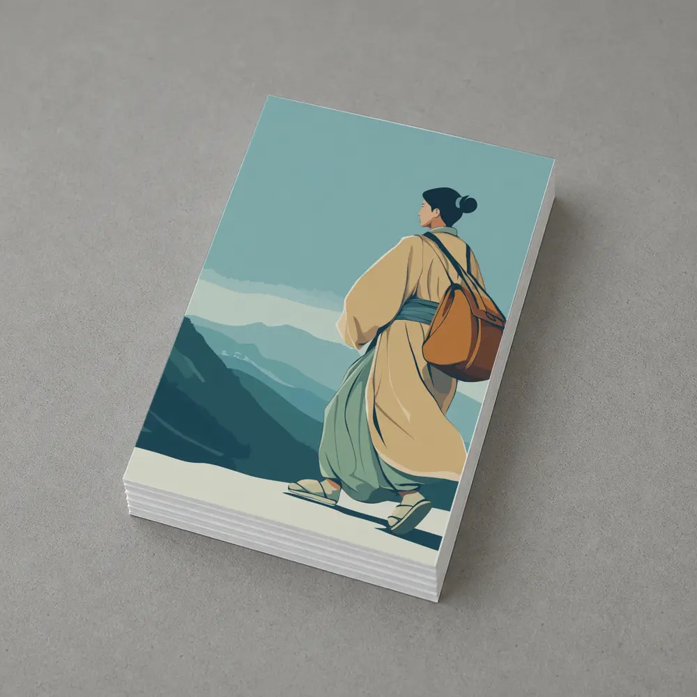 Japanese Woman Robes Walking Mountain Landscape – Postcards