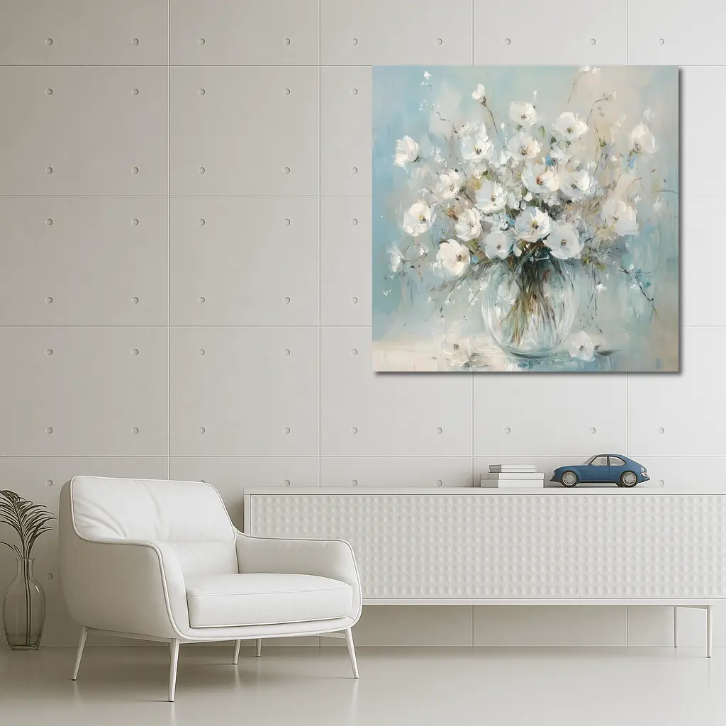 White Flowers Glass Vase Oil Painting – Wall Art