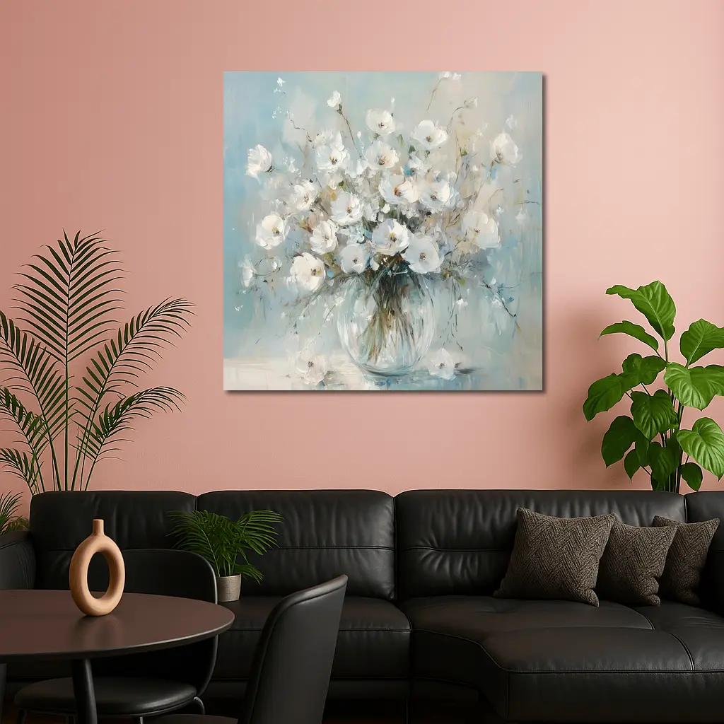 White Flowers Glass Vase Oil Painting – Wall Art