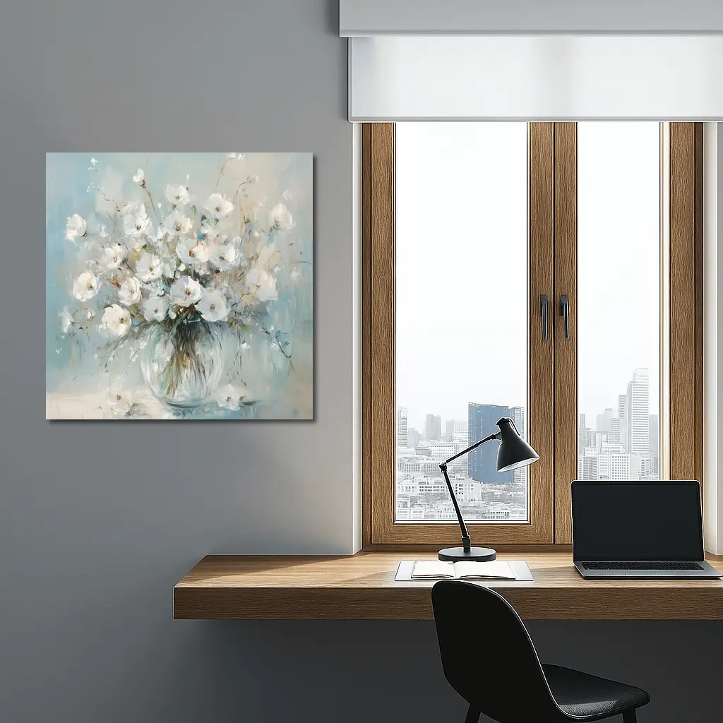 White Flowers Glass Vase Oil Painting – Wall Art