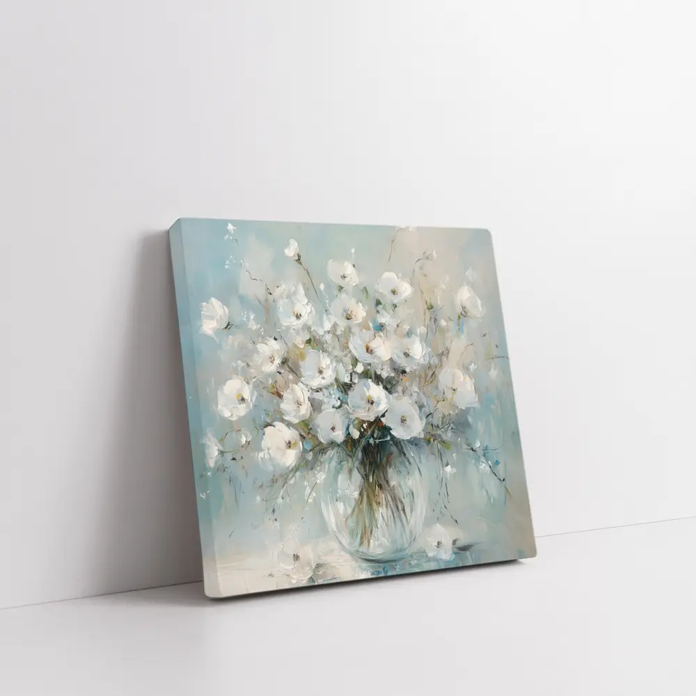 White Flowers Glass Vase Oil Painting – Wall Art