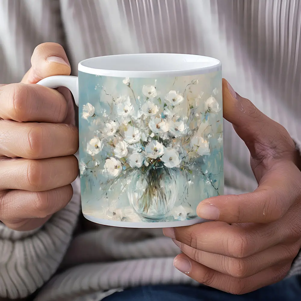 White Flowers Glass Vase Oil Painting – Mugs