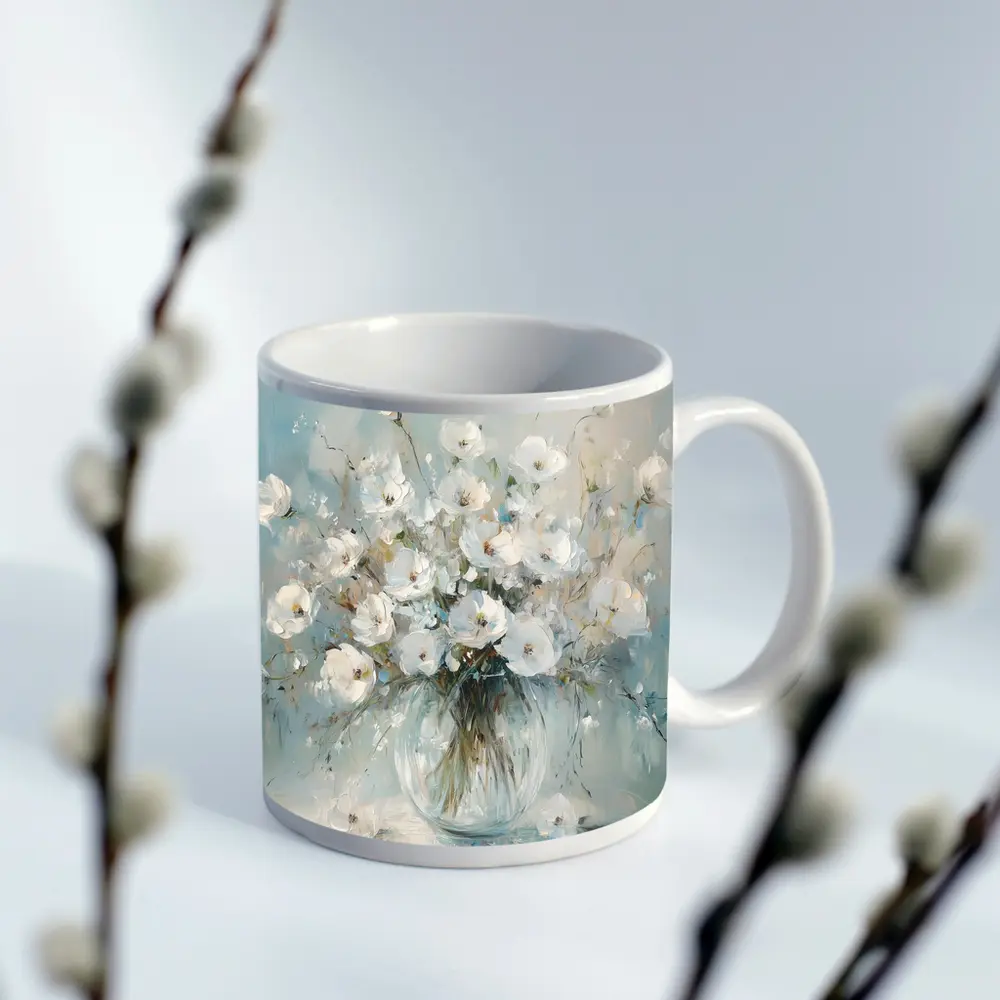 White Flowers Glass Vase Oil Painting – Mugs