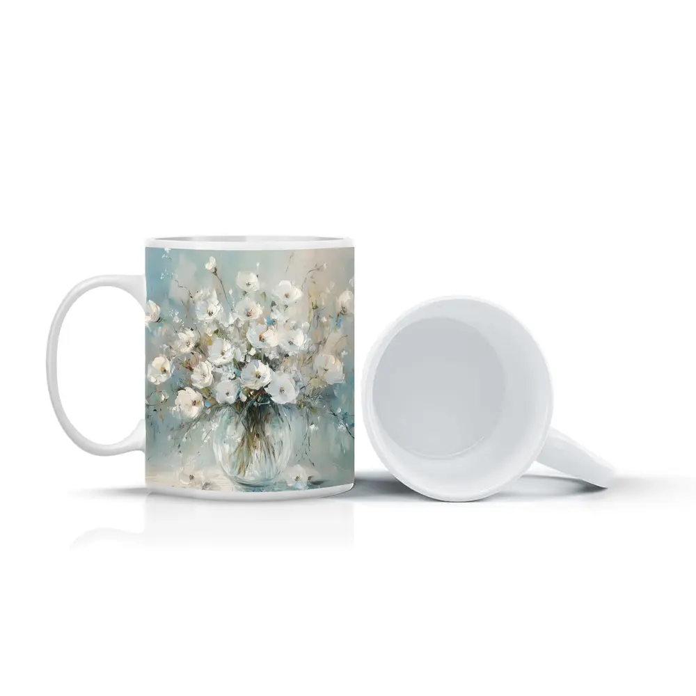White Flowers Glass Vase Oil Painting – Mugs