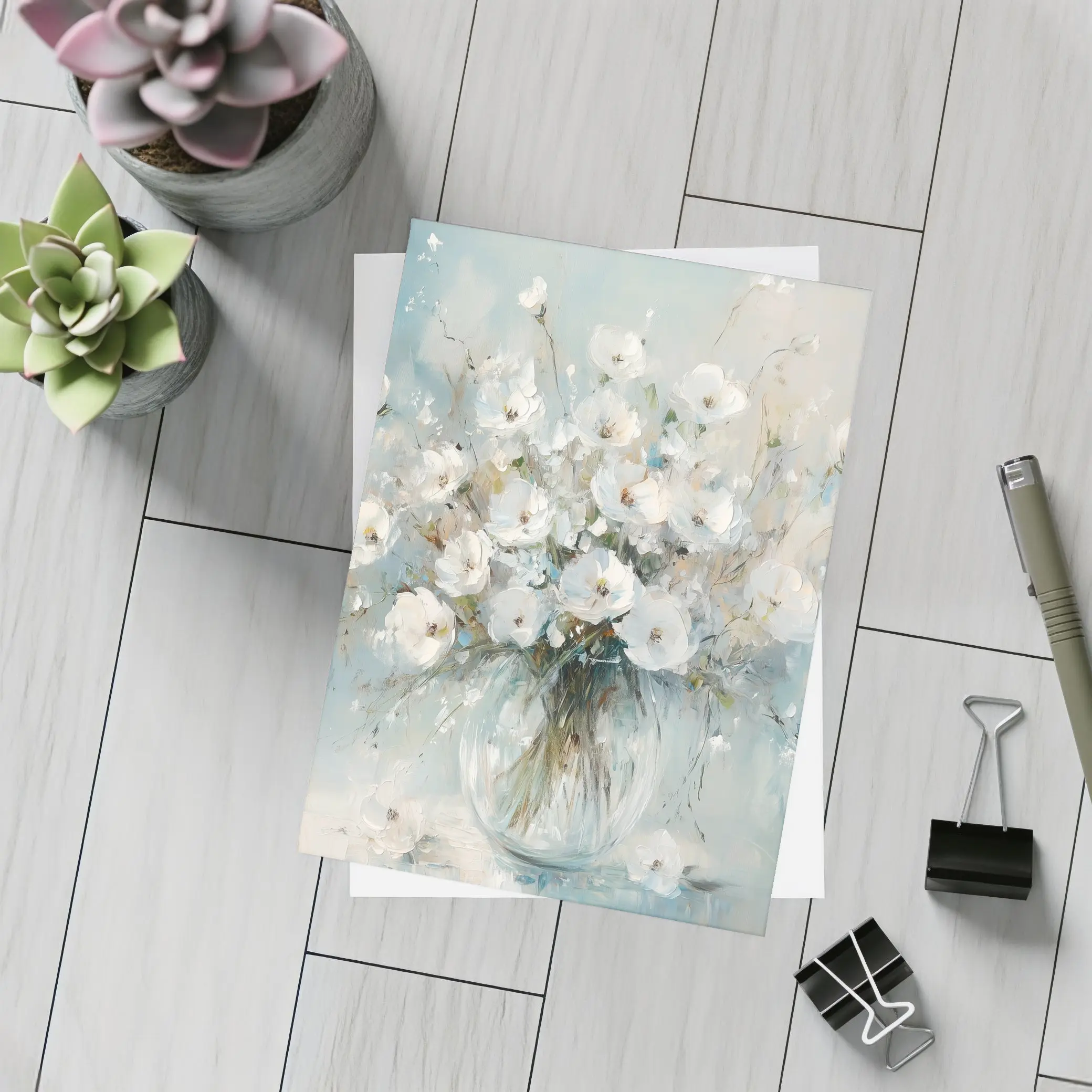 White Flowers Glass Vase Oil Painting – Postcards