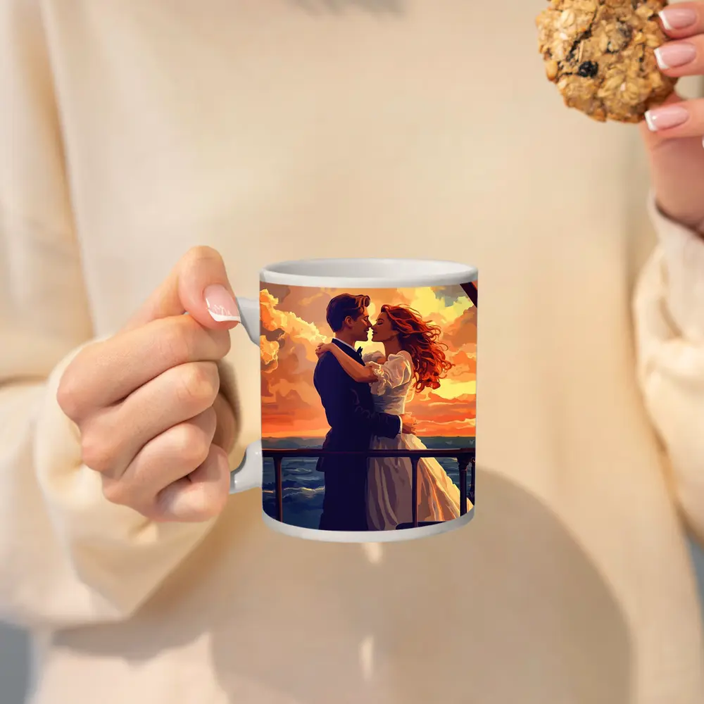 Romantic Couple Embracing at Ocean Sunset – Mugs
