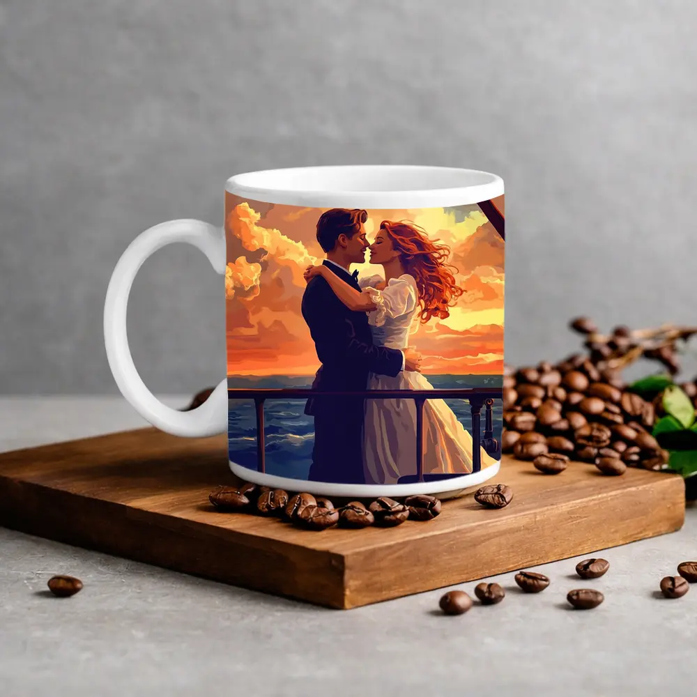 Romantic Couple Embracing at Ocean Sunset – Mugs