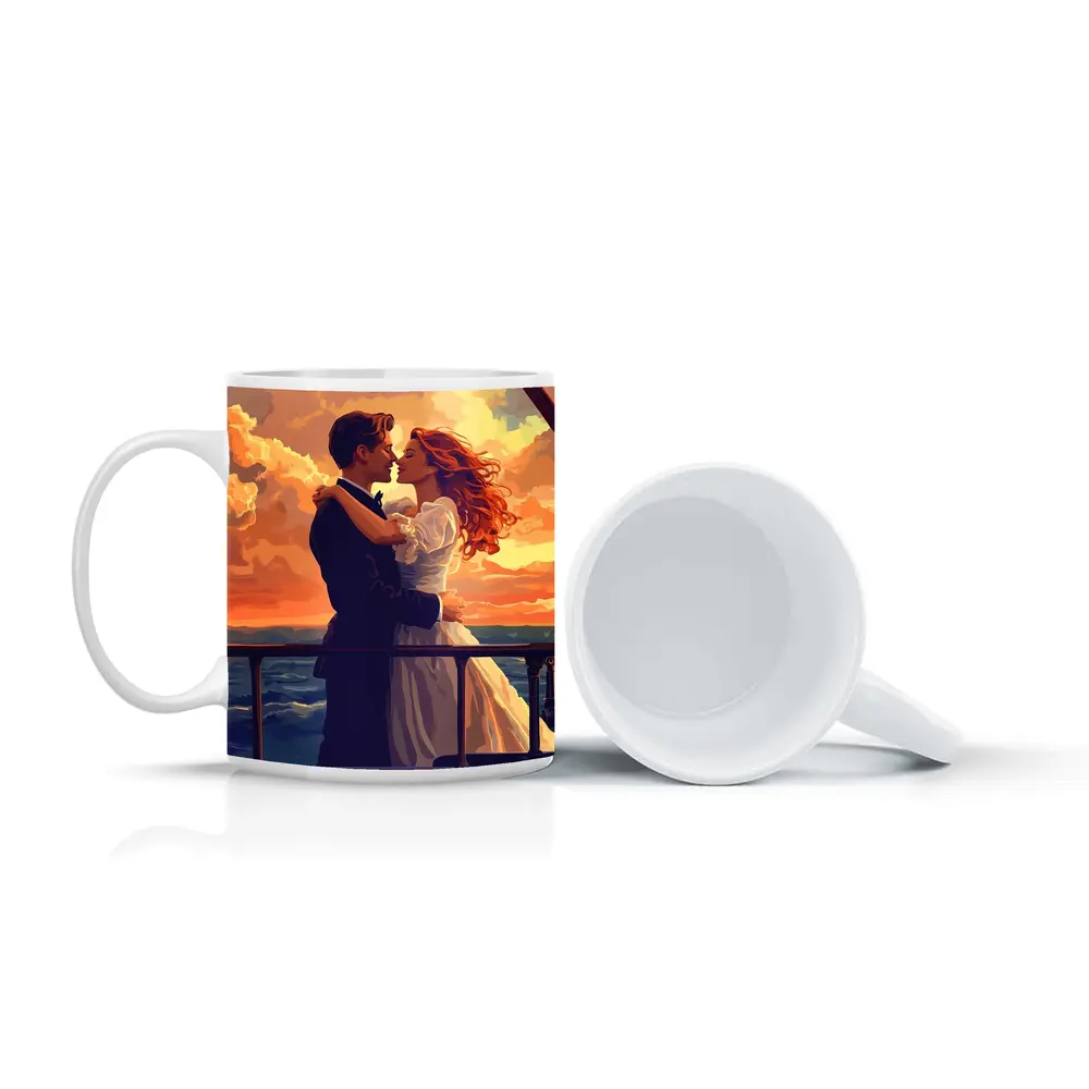 Romantic Couple Embracing at Ocean Sunset – Mugs