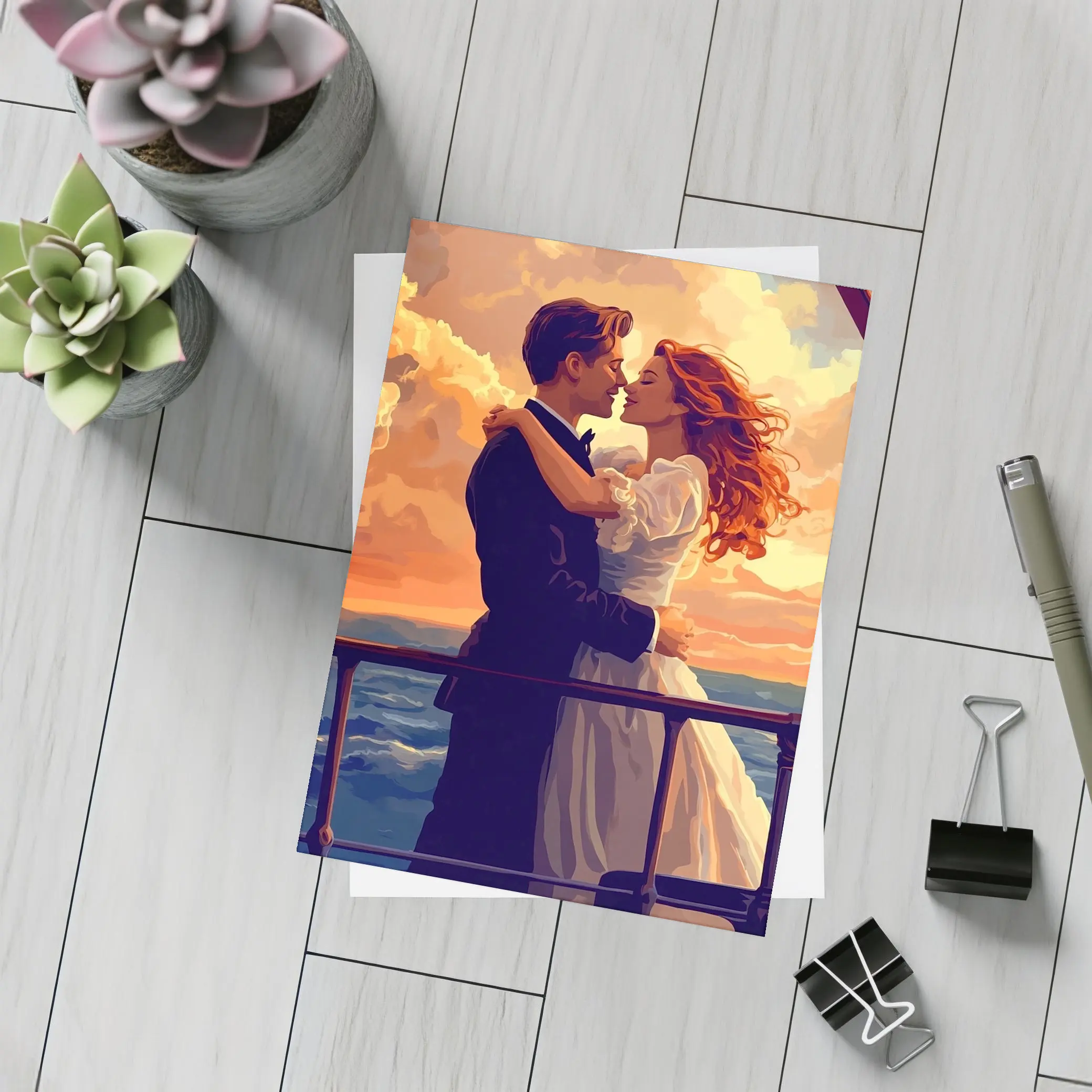 Romantic Couple Embracing at Ocean Sunset – Postcards