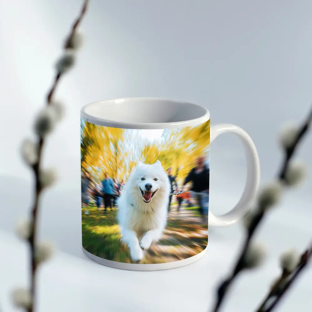 Samoyed Dog Running in Autumn Park – Mugs