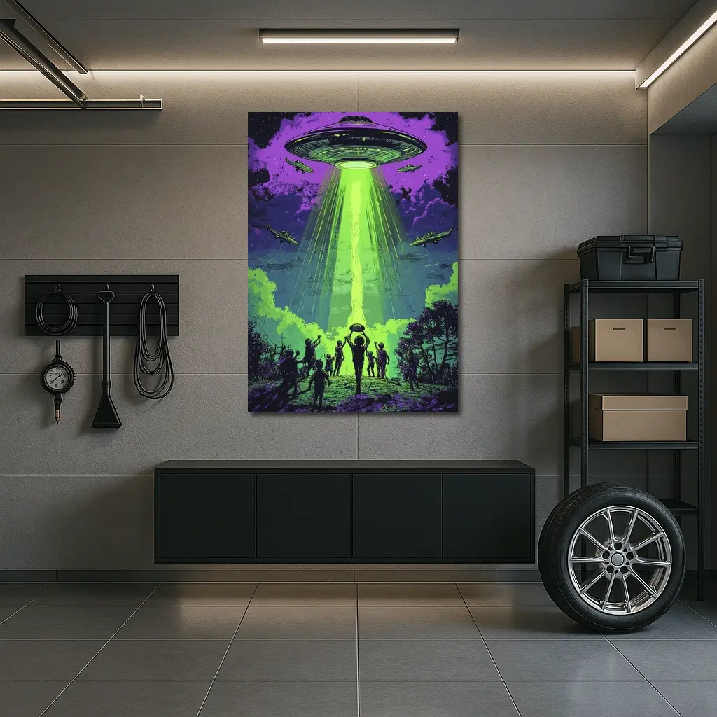 UFO Abduction Green Beam Night Sky – Wall Art