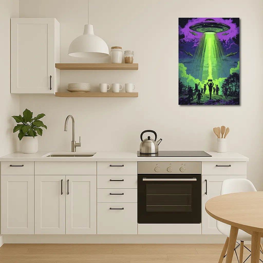 UFO Abduction Green Beam Night Sky – Wall Art