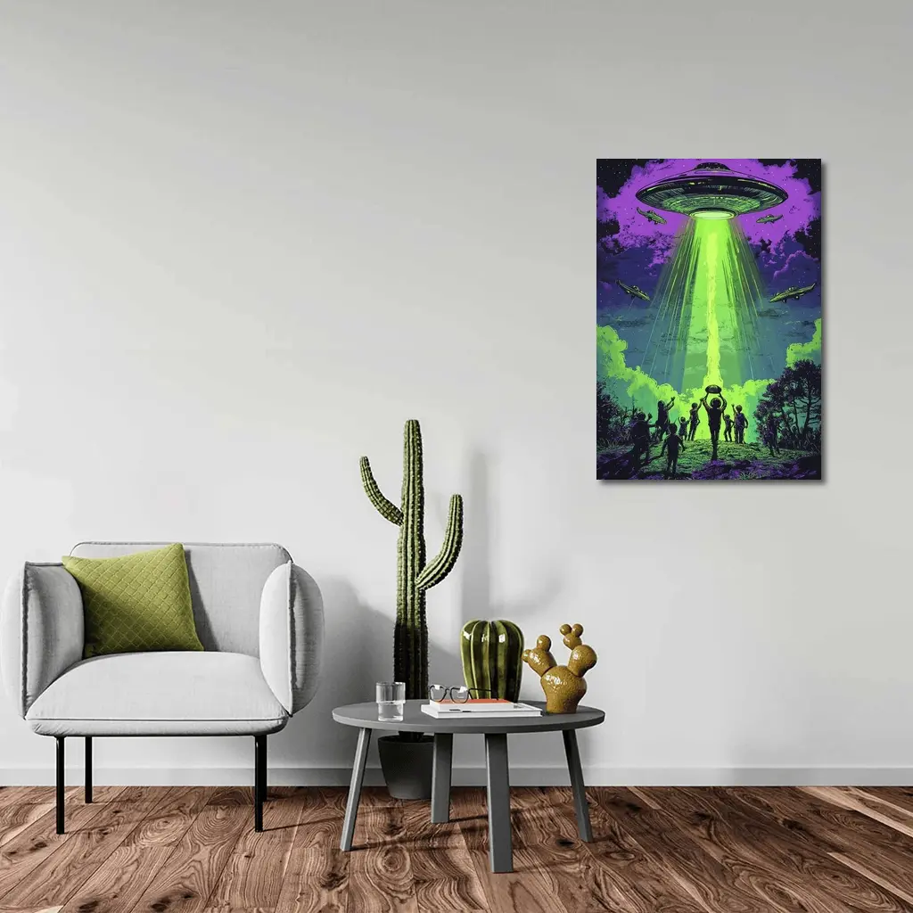 UFO Abduction Green Beam Night Sky – Wall Art