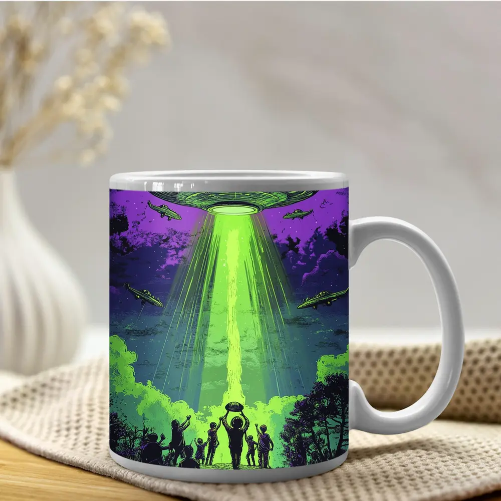 UFO Abduction Green Beam Night Sky – Mugs