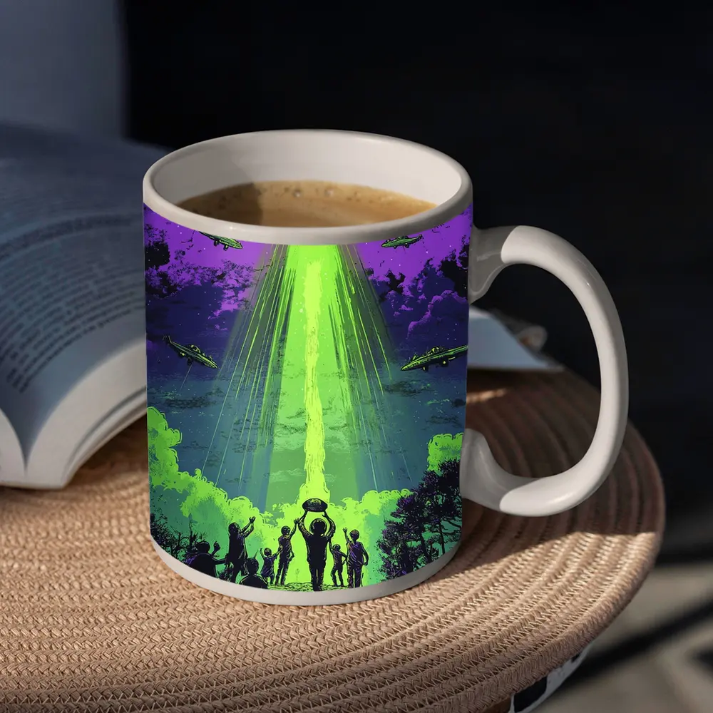 UFO Abduction Green Beam Night Sky – Mugs