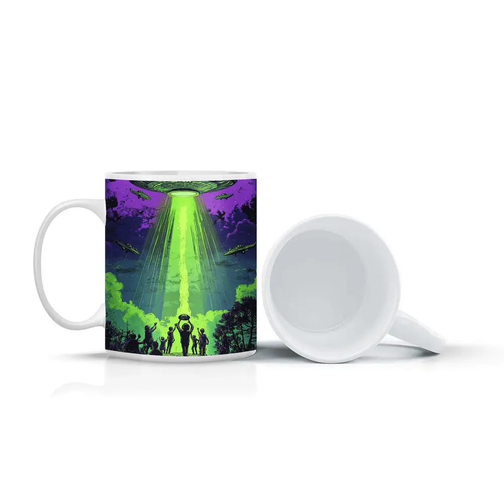 UFO Abduction Green Beam Night Sky – Mugs