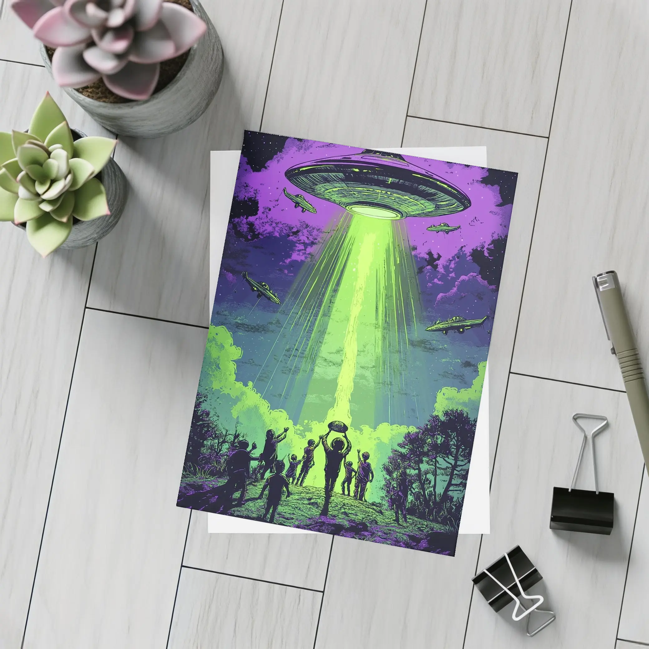 UFO Abduction Green Beam Night Sky – Postcards