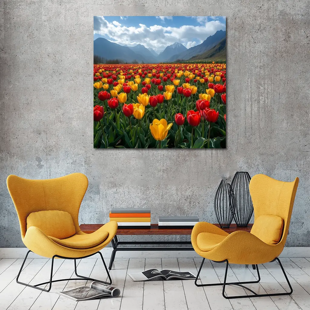 Red Yellow Tulips Field Mountain Background – Wall Art