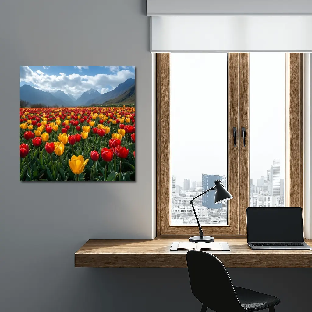 Red Yellow Tulips Field Mountain Background – Wall Art