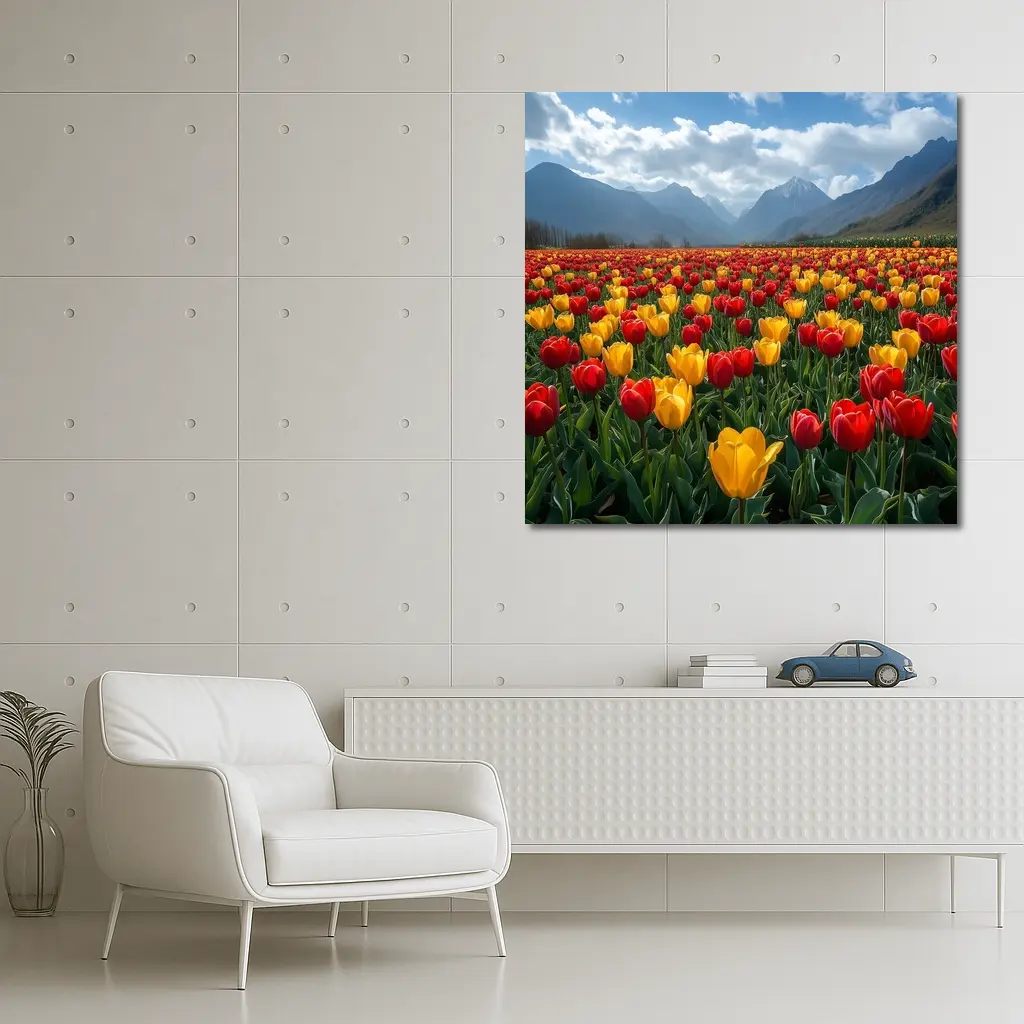 Red Yellow Tulips Field Mountain Background – Wall Art